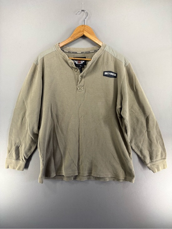 Harley-Davidson Other - Harley Davidson Henley Shirt Mens Large Green Suede Patch Waffle Cotton